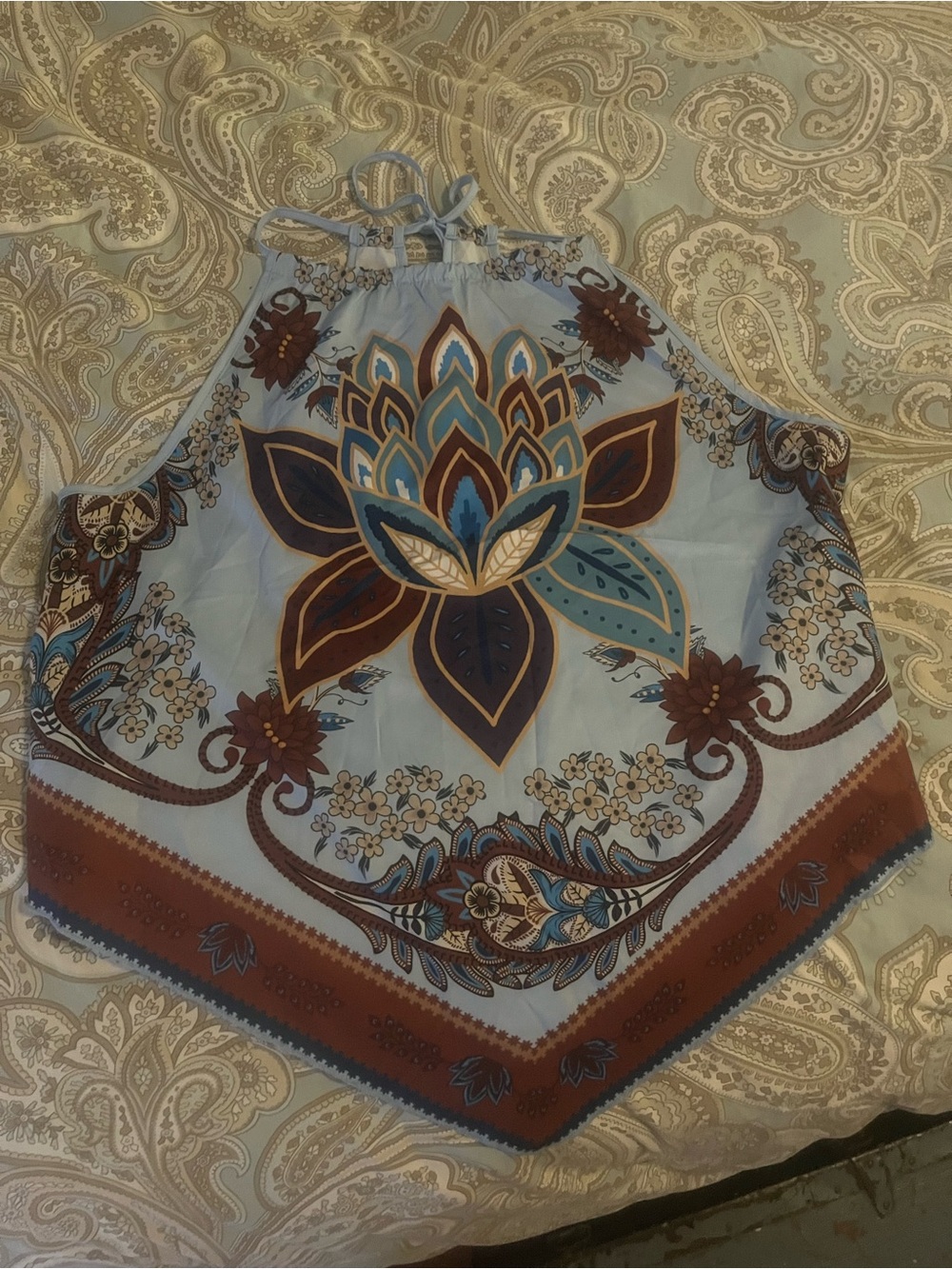 Floral Boho Handkerchief Halter Top in Light Blue and brown